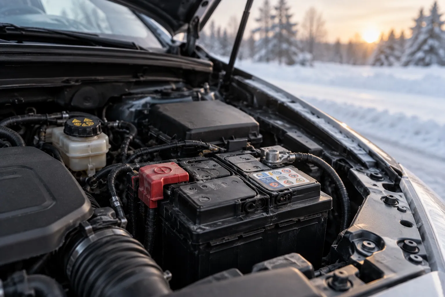 Akkumulátor a nyitott motortérben, havas tájon